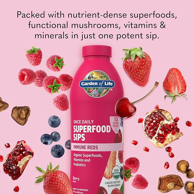 Garden of Life Superfoods Sips, 30 Servings, Vitamins, Probiotics, 13 Organic Superfoods, Functional Mushrooms, Immune Reds, Once Daily, Organic, Vegan, Preservative-Free, Berry Flavor
