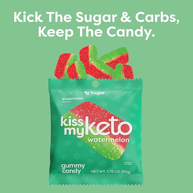 Kiss My Keto Sugar Free Gummies, Gummy Watermelon 24-Pack – Satisfy Cravings while Staying in Ketosis – High Fiber, 3g Net Carbs, Non-GMO, Vegan, & No Gluten – Calorie-Friendly Vegan Candy