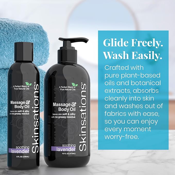 Skinsations - Lavender Massage Oil for Massage Therapy - 16oz | Body Oil for Stress Relief, Relaxation & Aromatherapy | Sweet Almond, Jojoba, Coconut & Grapeseed Oils