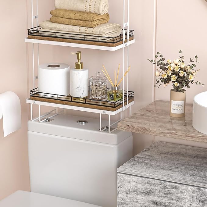 Bathroom Toilet Tank Tray, 13" Wood Toilet Paper Storage Basket Tray Back of Toilet Basket Organizer,Vanity Tray for Perfume Makeup Candle Decor, Black & Farmhouse Brown