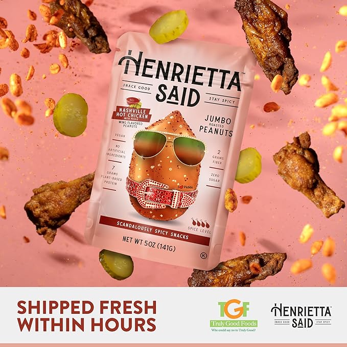Henrietta Said Wing-Flavored Peanuts - Truly Good Foods Snacking Nuts - Bold Flavors - Savory & Spicy Jumbo Flavored Peanuts - Vegan Snack -(5-oz) - Nashville Hot Chicken With Pickle