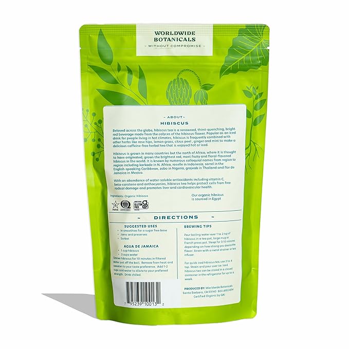 Worldwide Botanicals Organic Hibiscus Tea – 8 oz, Loose Leaf, Cut and Sifted – 100% Egyptian Hibiscus sabdariffa AKA Karkade, Roselle, Sorrel, Zobo, Flor de Jamaica