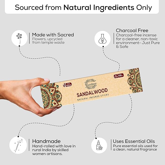 Raajsee Sandalwood Incense Sticks (180 gm), 100% Pure Organic Natural Hand Rolled Free from Chemicals - Sandalwood Incense Perfect for Aromatherapy, Cleansing, Meditation, and Church (Pack of 12)