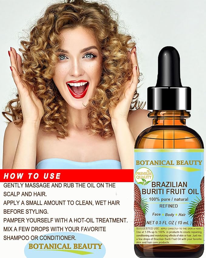 Botanical Beauty Brazilian BURITI FRUIT OIL 100% Pure Natural Refined Cold Pressed Carrier Oil Undiluted 0.5 Fl Oz - 15 ml for Face, Skin, Body, Hair, Nails