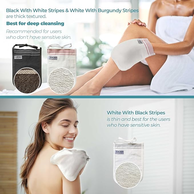 Turkish Exfoliating Gloves – Face & Body Exfoliation Mitts - Bath Hammam Spa Exfoliator Kese Glove - Body Scrub Glove to Remove Dead Skin – Brighten & Soften Skin – 4Pcs (White & Burgundy)