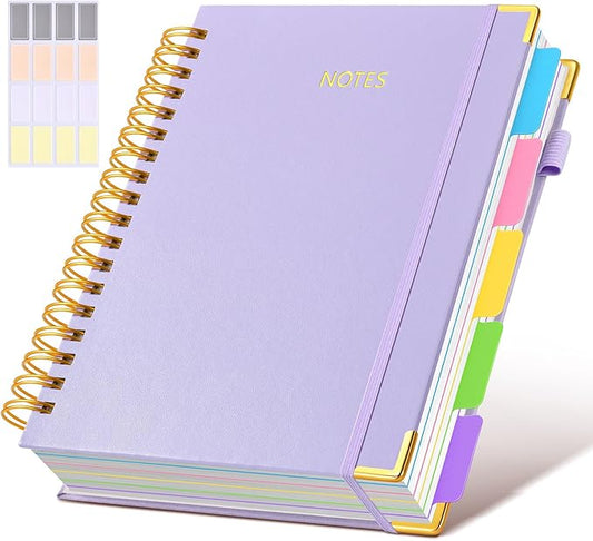 Hardcover Spiral Notebook journal with Removable Dividers Tabs, 300 Pages Leather 5 Subject Notebook College Ruled, 8"x10" Large B5 Notebooks for Work School Note taking,Lined Journal for Women,Purple