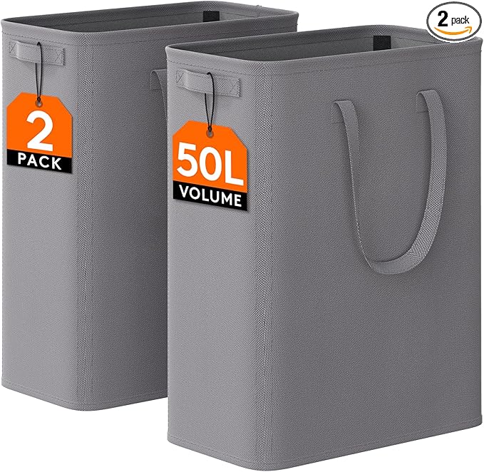 Lifewit 2 Pack Slim Laundry Hamper, Collapsible Narrow Laundry Basket, Small Tall Dirty Clothes Hampers with Handles for Bathroom Bedroom College Dorm, Grey, 50L