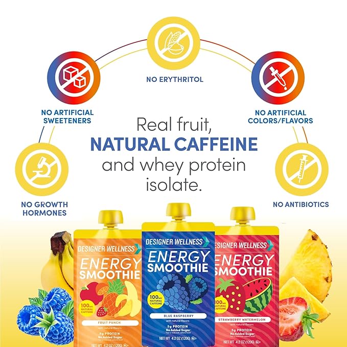 Designer Wellness Energy Smoothie, Real Fruit, 100mg Natural Caffeine, 5g Protein, Low Carb, Zero Added Sugar, Gluten-Free, Variety Pack, 12 Count