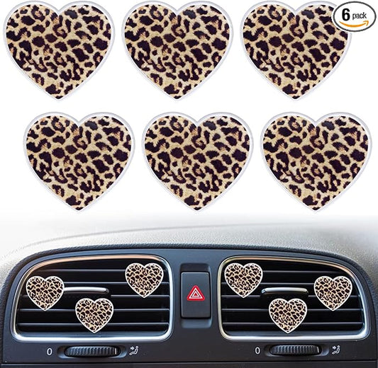 6Pcs Leopard Heart Car Air Freshener Clips - Fashion Animal Print Vent Decor Accessories, Long-Lasting Scent Diffusers for Women Girls, Cute Auto Interior Charms