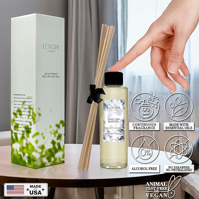 LOVSPA English Garden Diffuser Oil - Luxury Essential Oils for Diffuser Refill & Air Freshener Room Spray - Long-Lasting & Natural Home Fragrance, Scented Oil for Diffusers, USA Made, 4oz