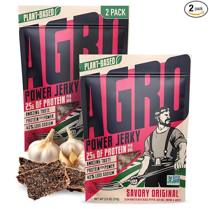 AGRO POWER Vegan Jerky - Savory Original Flavor – Delicious, Non-GMO Certified Vegetarian Jerky with 25 Grams of Plant-Based Protein and 40% Less Sodium. High Protein Vegan Snacks - 2 Pack Set