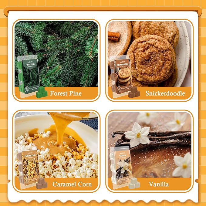 Autumn Scented Wax Melts, Fall Wax Cubes Gift Set, Soy Wax Tarts for Warmer - Pumpkin Pie, Apple Cider, Cinnamon, Autumn Wreath, Forest Pine, Snickerdoodle, Caramel Corn, Vanilla, 8 Pack
