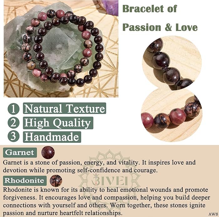 Bivei Natural Gemstone Semi Precious Healing Crystals Handmade Stretchy Round Beads Bracelet, Enhance Positive Energy