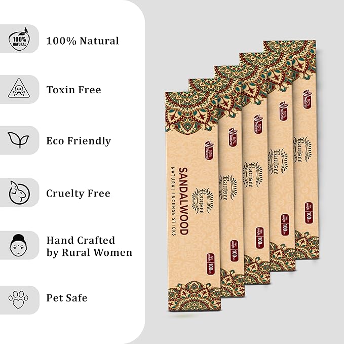 Raajsee Sandalwood Incense Sticks (180 gm), 100% Pure Organic Natural Hand Rolled Free from Chemicals - Sandalwood Incense Perfect for Aromatherapy, Cleansing, Meditation, and Church (Pack of 12)