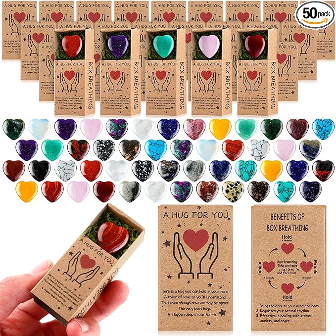 Landical 50 Sets Pocket Hug Token Gifts Small Crystal Heart Stones Bulk with Boxes Mini Heart Shape Natural Stones for Colleagues Family Distance Social Celebration of Life Gifts(Classic)