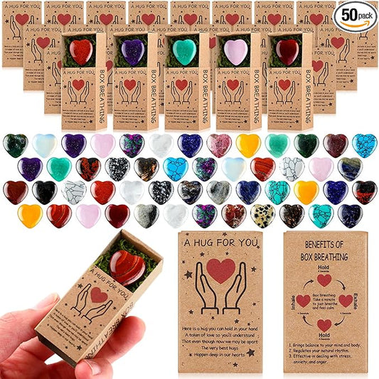 Landical 50 Sets Pocket Hug Token Gifts Small Crystal Heart Stones Bulk with Boxes Mini Heart Shape Natural Stones for Colleagues Family Distance Social Celebration of Life Gifts(Classic)