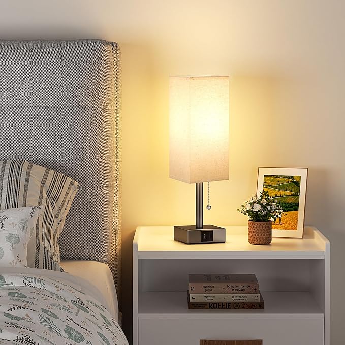 aooshine Beige Small Table Lamp for Bedroom - 3 Color Temperature 3000K 5000K 4000K Bedside Lamp, Pull Chain Control, USB A and C Ports, Brown Base, Bulb Included