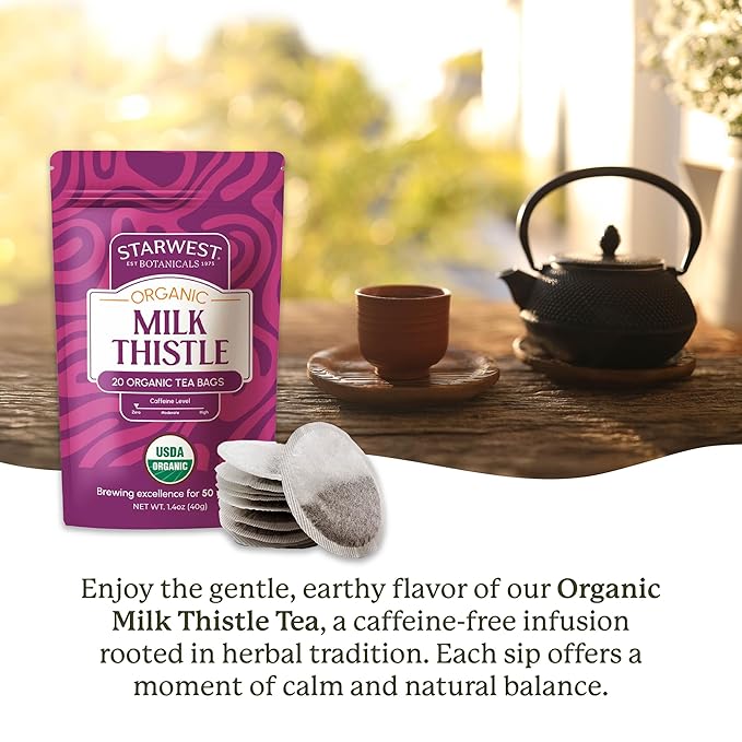 Starwest Botanicals Organic Milk Thistle Seed Tea - Caffeine Free Herbal Tea, Promotes Calm, USDA Organic Milk Thistle Seed, String Free Sachets, Non GMO - 20 Tea Bags