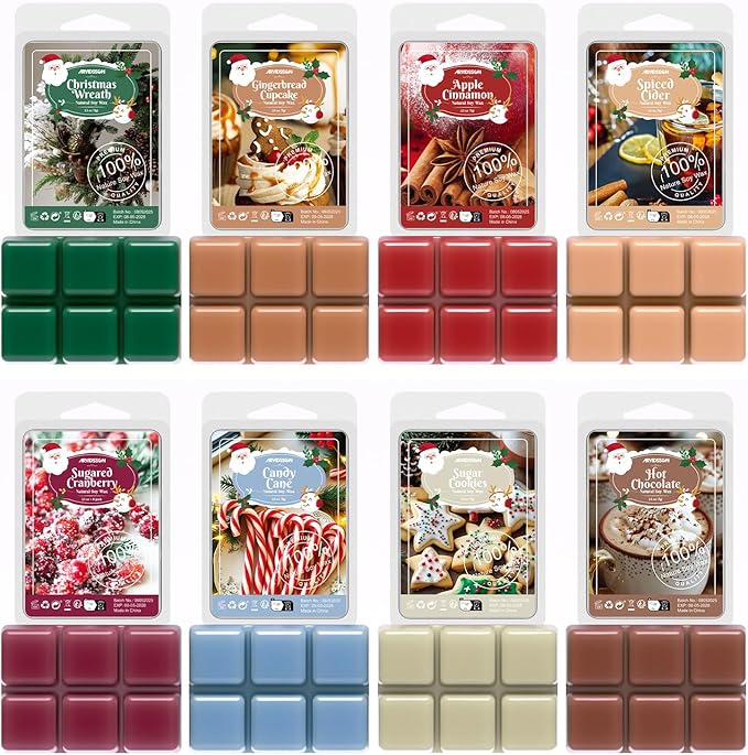 ARVIDSSON Winter Scented Wax Melts, Holiday Soy Wax Cubes for Wax Warmer, Strong Scent Fragrance Wax Tarts, Candle Melts Gift Set, Apple Cinnamon, Christmas Wreath, Gingerbread, Candy Cane, Cranberry