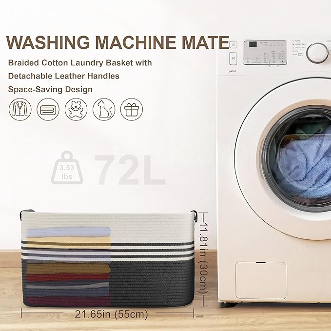 72L Large Laundry Basket with Leather Handles for Living Room Storage, Woven Rope Baskets Bin for Blanket, Kids Toy, Gifts, Wicker Hamper for Bedroom Dirty Clothes, 22"x17"x12" White Black