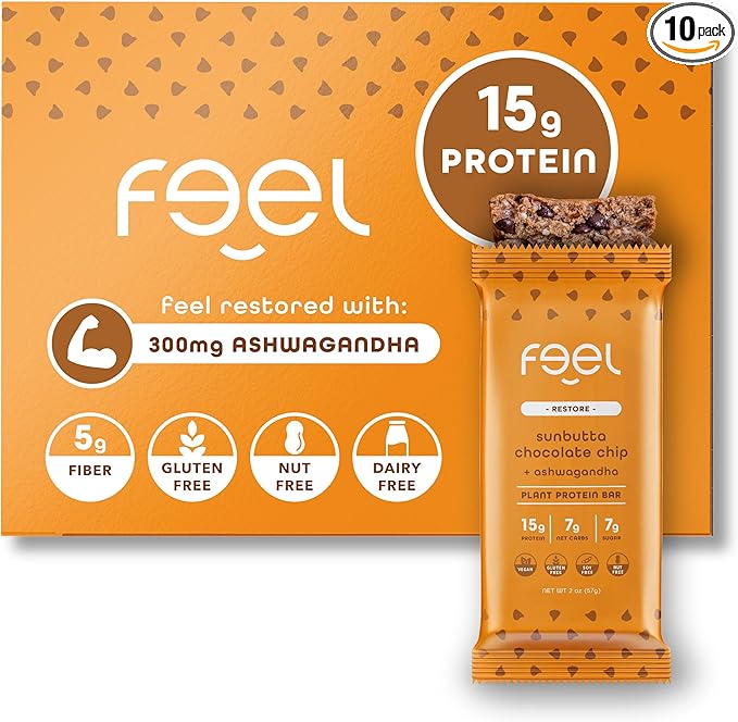 Feel Vegan Protein Bars | Sunbutta Choco Chip | Keto | Gluten Free | Organic | 15g Plant Protein | Low Carb | High Protein | Dairy Free | Low Sugar | Nut, Grain, Soy Free | Non GMO | 10 Pack