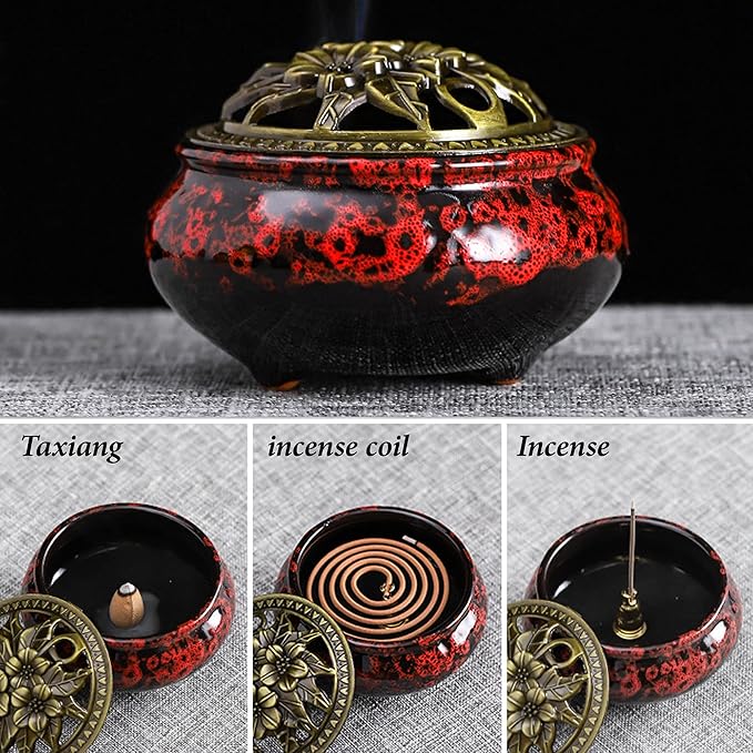 Ceramic Incense Burner with Lid, Bowl Burner， Cone Incense Burner, Ceramic Censer Suitable for Incense/Cone/Coil/Sticks, There are 30 Incense Cones+ Metal Incense Holder+Fireproof Cotton Inside.
