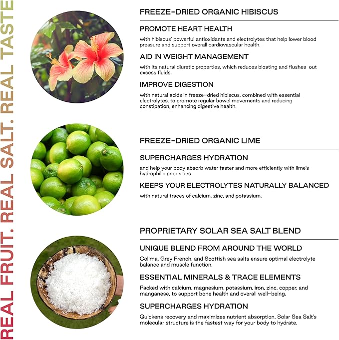 Know Brainer Purest Electrolyte Hibiscus Lime Powder Packets – Whole Food Hydration - Organic Freeze-Dried Fruits and Solar Sea Salts for Ultimate Electrolyte Balance