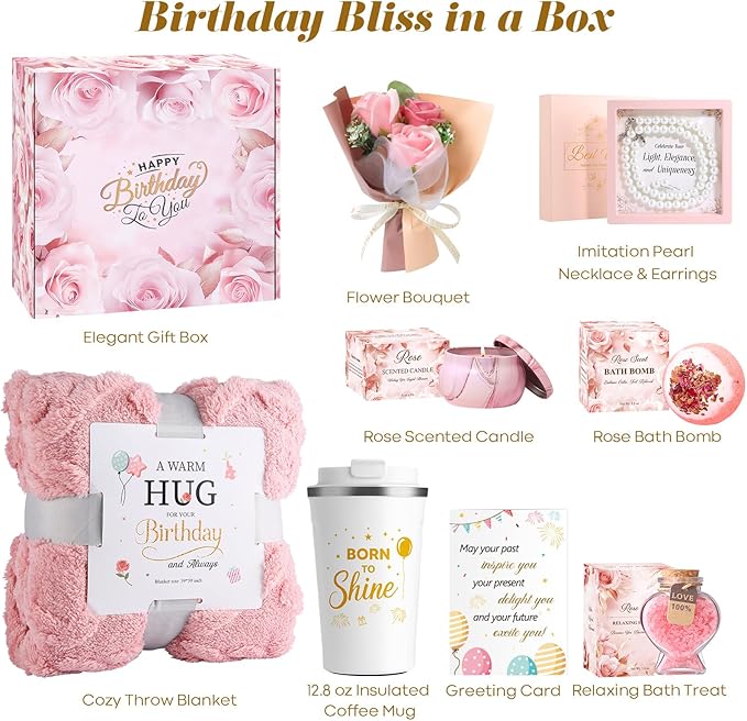 Birthday Gifts for Women, Unique Birthday Gift Basket for Women, Thoughtful and Relaxing Birthday Gifts for Mom, Wife, Sister, Best Friend, Her Self Care Box, Luxury Gift Set (Pink)