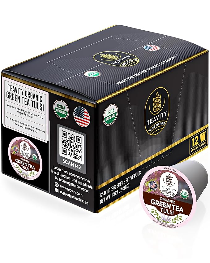 Organic Tulsi Tea Pods with Unsweetened Caffeinated Green Tea Pods for Keurig - Tulsi Green Tea by Teavity (12 Tea Pods)