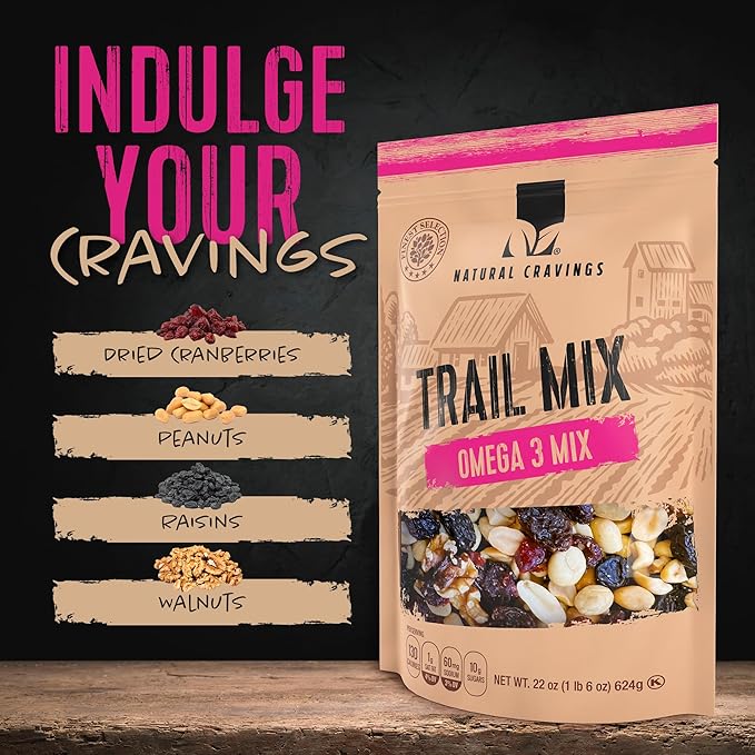 Natural Cravings 22oz Trail Mix Bulk Family Size Bag - Omega 3 Dried Fruit Mix & Assorted Nuts Mix with Dry Cranberries, Peanuts, Raisins & Walnuts - Gourmet Trailmix for School, Office, Outdoor Fun