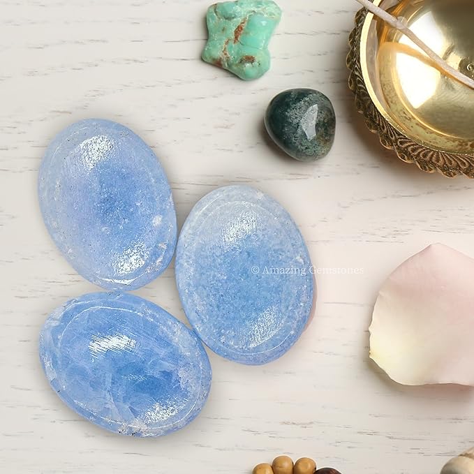 Amazing Gemstone Blue Calcite Worry Stone Crystals and Healing Stones - Worry Stones for Stress Relief Gifts - Piedra Crystal Fidget for Meditation - Unique Stocking Stuffers and Birthday Gifts
