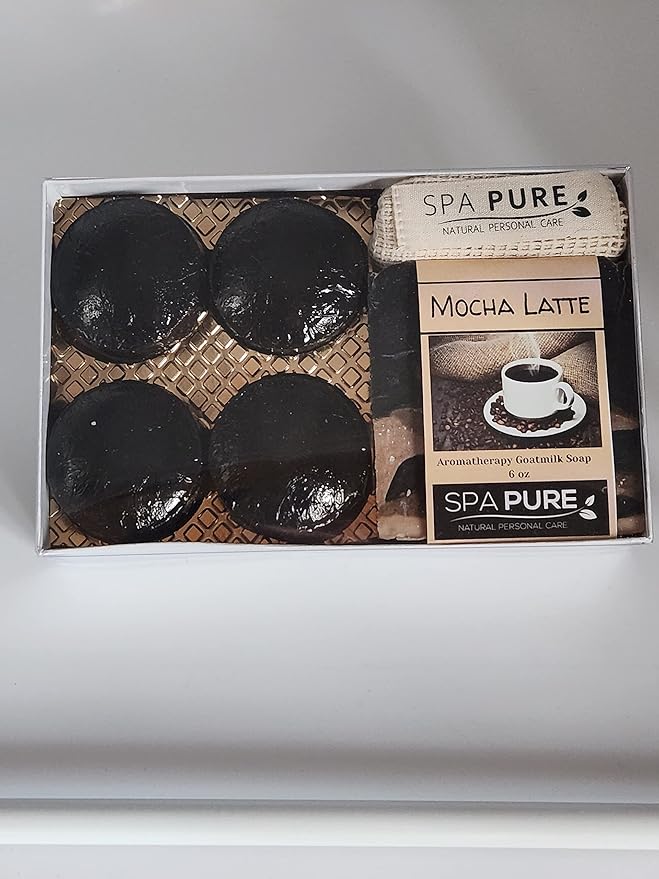 Spa Pure Aromatherapy Gift Set: Mocha Latte Artisan soap, 4 Bath Melts, Made in USA with Plant Based Ingredients, Essential Oils, All Natural, Cotton Soap Bag