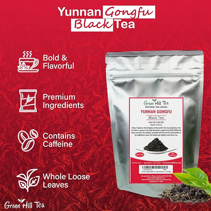 Greenhilltea Golden yunnan tea, Yunnan Gongfu Black Tea, Natural Black Tea with Excellent fullness with subtle sweetness– 3.5 Oz Bag