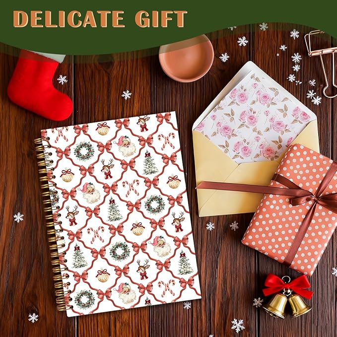 Exqcom Coquette Christmas Red Bow Spiral Notebook Gifts, Retro Xmas Tree Wreath Santa Reindeer Journal for Women, Preppy Aesthetic Hardcover Notebook Journal Office School Supplies, 5.5x8.3 Inch