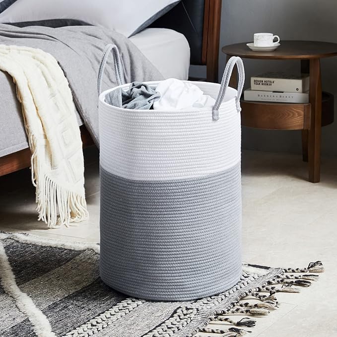Cotton Rope Laundry Hamper by YOUDENOVA, 72L - Woven Collapsible Laundry Basket - Clothes Storage Basket for Blankets, Laundry Room Organizing, Bedroom Storage, Clothes Hamper – Grey