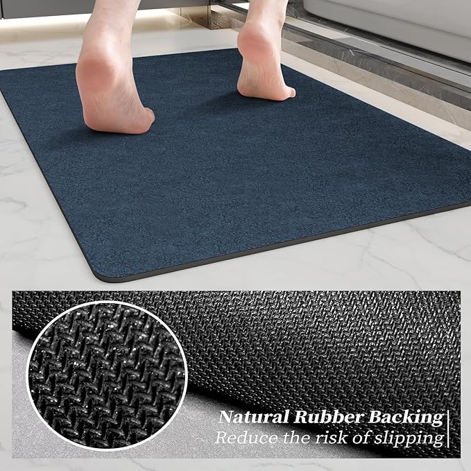 Bath Mat Rugs 24x17 - Diatomaceous Earth Bath Mat Quick Dry Absorbing Bathroom Rugs Rubber Non Slip Thin Bathroom Mat Fit Under Door, Bath Mats for Bathroom Floor,Tub and Shower,Sink, Navy Blue
