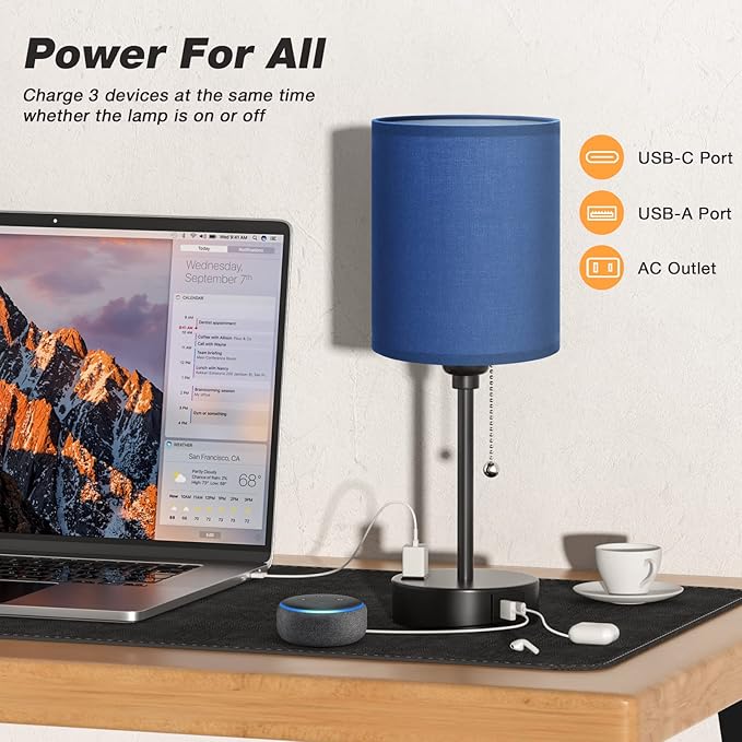 Blue Table Lamps 3 Color Temperatures - 3000K 4000K 5000K Bedside Lamps with USB C and A Ports, Pull Chain Lamps for Bedrooms with AC Outlet, Nightstand Lamps with Black Metal Base for Kids Boys