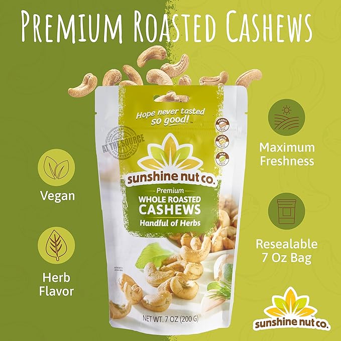 Sunshine Nut Company Whole Roasted Lightly Salted Cashews, Handful of Herbs Flavor, 6 Pack, 7 oz. Each, Gluten Free, Peanut Free and Vegan Individual Snack Packs for Kids and Adults, GMO Free