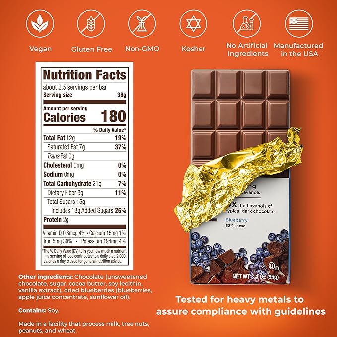 FlavaBar Performance Dark Chocolate | 500mg Cocoa Flavanols | Blueberry | 6 Pack, 3.4 oz bars