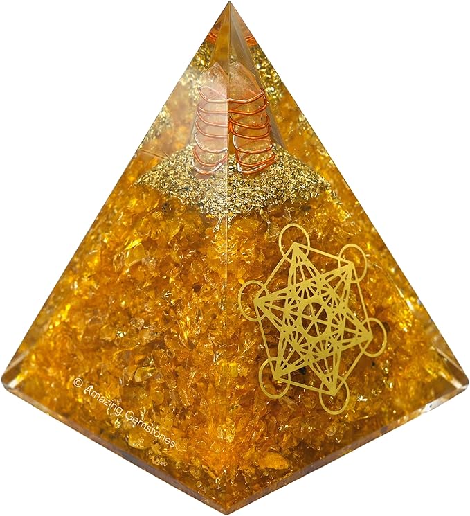 Amazing Gemstone Organite Orgone Pyramid Extra Large 105 MM - Orgone Energy Pyramid with Citrine Crystals and Healing Stone - Orgonite Pyramids Crystals and Positive Energy