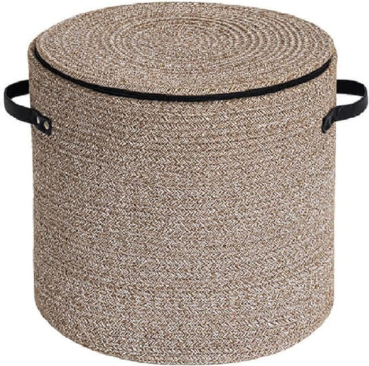 Cotton rope Storage Basket with Zipper cover & Woven baskets with Lid easy to move Multi-Purpose Storage Basket for Living Room, 13 x14 inches(Brown)