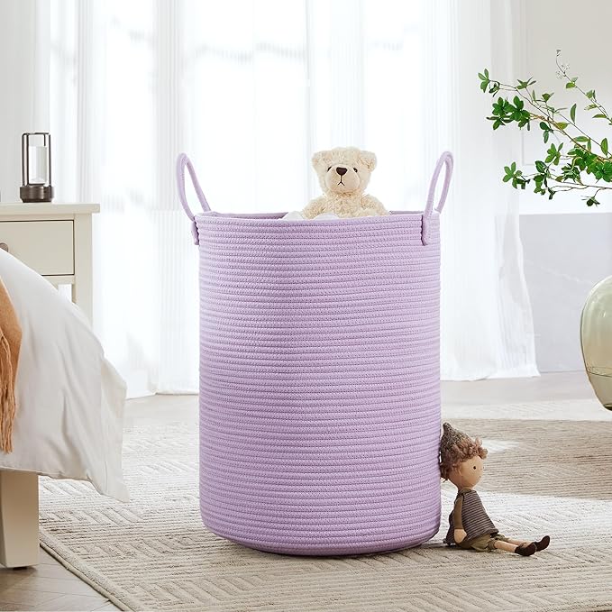 80L Extra Large Purple Hamper Laundry Basket for Nursery Kids16Dx22H inches Tall Lavender Blanket Basket for Girls Cotton Rope Lilac Clothes Hamper in Bedroom