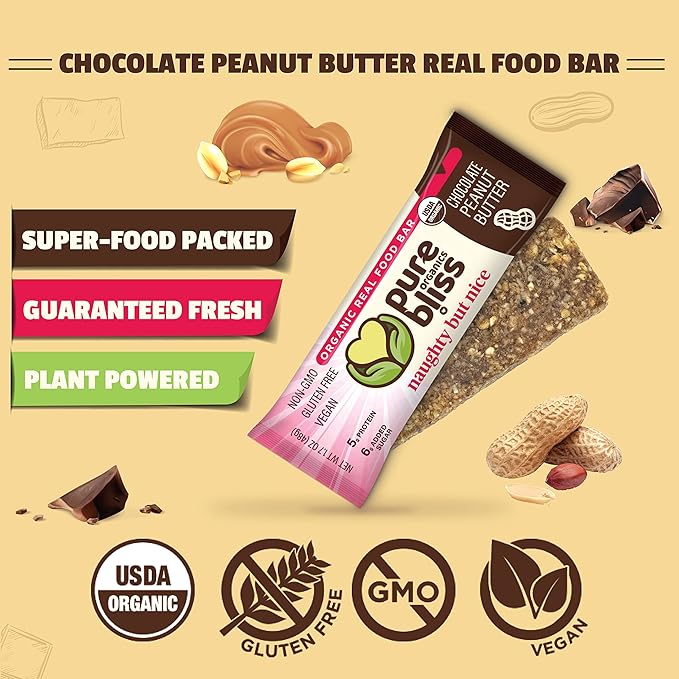 Organic Real Food Bar (Chocolate Peanut Butter) Non-GMO, Gluten Free, Vegan, Nutrition Bars, Energy Bars, Super Food Simple Ingredients, Best Tasting, Healthy Snack, Breakfast Bars, Dairy Free, Soy Free, Pure Bliss Organics (1.7 oz bar, 12-Pack Case)