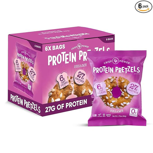 Crisp Power Protein Pretzels, Sesame, High Protein Vegan Keto Snack, 27 G Plant Based Protein, Low Carb Crunchy Pretzel Snacks, Sugar Free, No Seed Oils, 1.75 oz Bags, 6 Pack