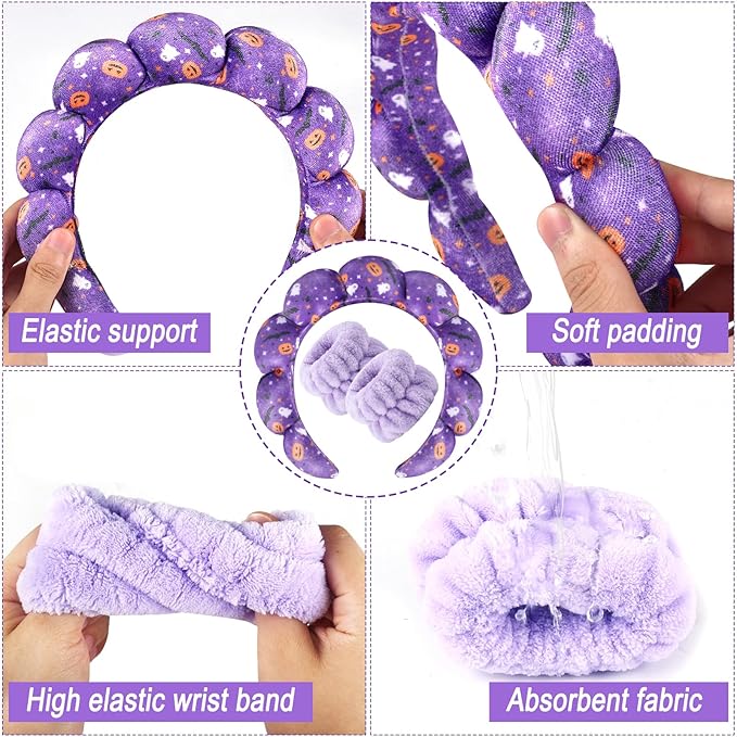 Zkptops Spa Headband for Washing Face Wristband Set Sponge Makeup Skincare Velvet Fabric Bubble Get Ready Hairband Puffy Headwear Non Slip Thick Thin Hair Accessory Gift for Women Girls(Halloween)