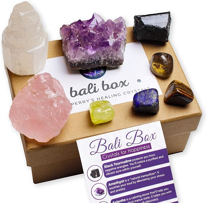 AtPerry's Bali Box - Healing Crystals Set - 8 Natural Chakra Crystals Tumbled & Raw Including Selenite, Amethyst, Lapiz Lazuli & Black Tourmaline