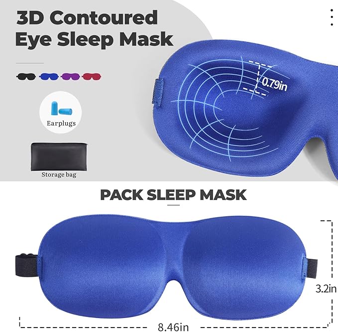 4 Pack Sleep Mask for Women and Men Adjustable Blackout 3D Eye Masks for Sleep, Blindfold with Storage Bag and Earplug for Travel Nap and Night (Black, Purple, Blue, Gray)