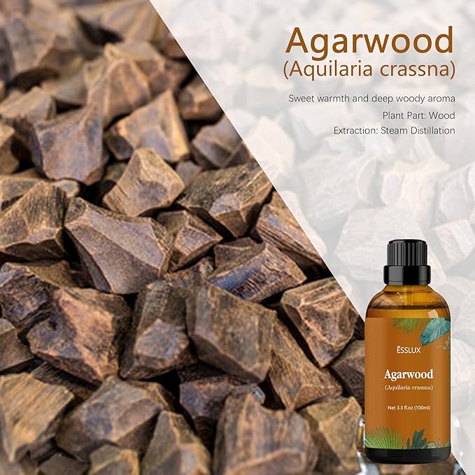 Agarwood Essential Oil 100 ml, ESSLUX Large Single Scented Oils 3.3 oz, Aromatherapy Oils for Diffuser, Massage, Soap, Candle Making, Perfume