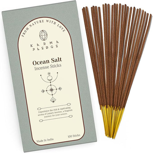 Ocean Salt Incense Sticks, Organic Hand Dipped 100 Sticks with Natural Herbs & Aromatic Ingredients, Burn Time 45 to 60 Minutes, Incense for Positivity, Yoga, Meditation, Relaxation, Spiritual Gift
