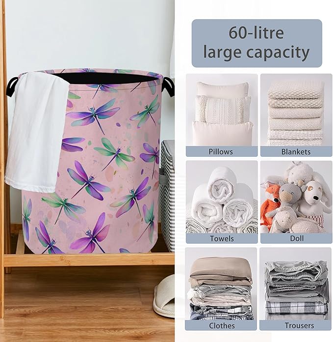 Colorful Dragonfly Laundry Basket,Foldable with Handles Tote Bag Oxford Cloth for Bathroom Bedroom Dirty Clothes Storage Bucket 16" x 20.8"